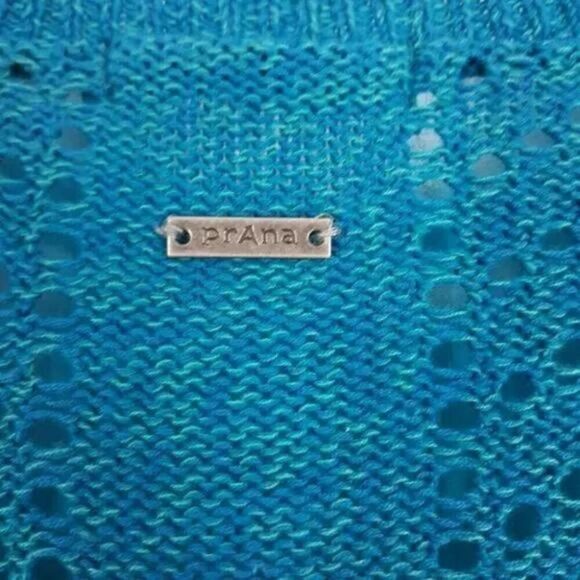 Prana Ellery Sweater Womens Small Mosaic Blue V-Neck Open Knit Ruffled Hem NWT - Picture 8 of 11